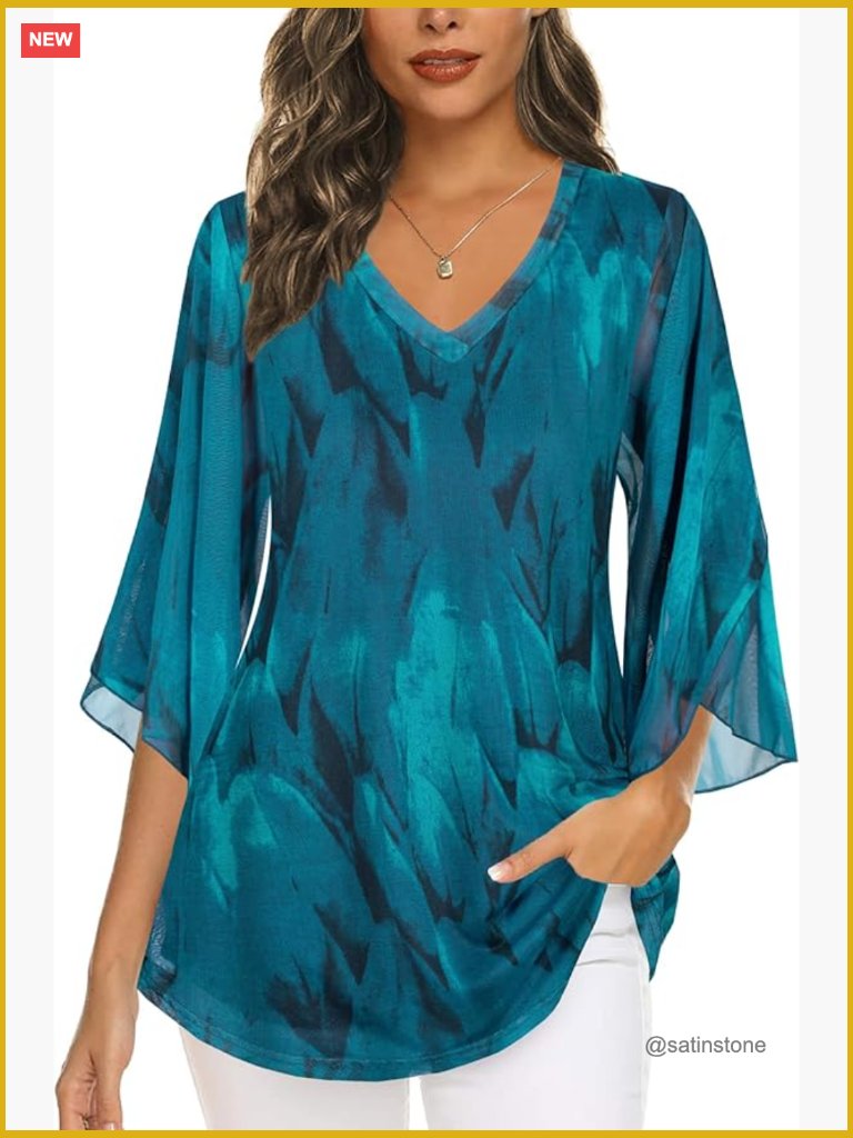 Double Layer Mesh Blouse With 3/4 Ruffle Sleeves V-Neck Pullover